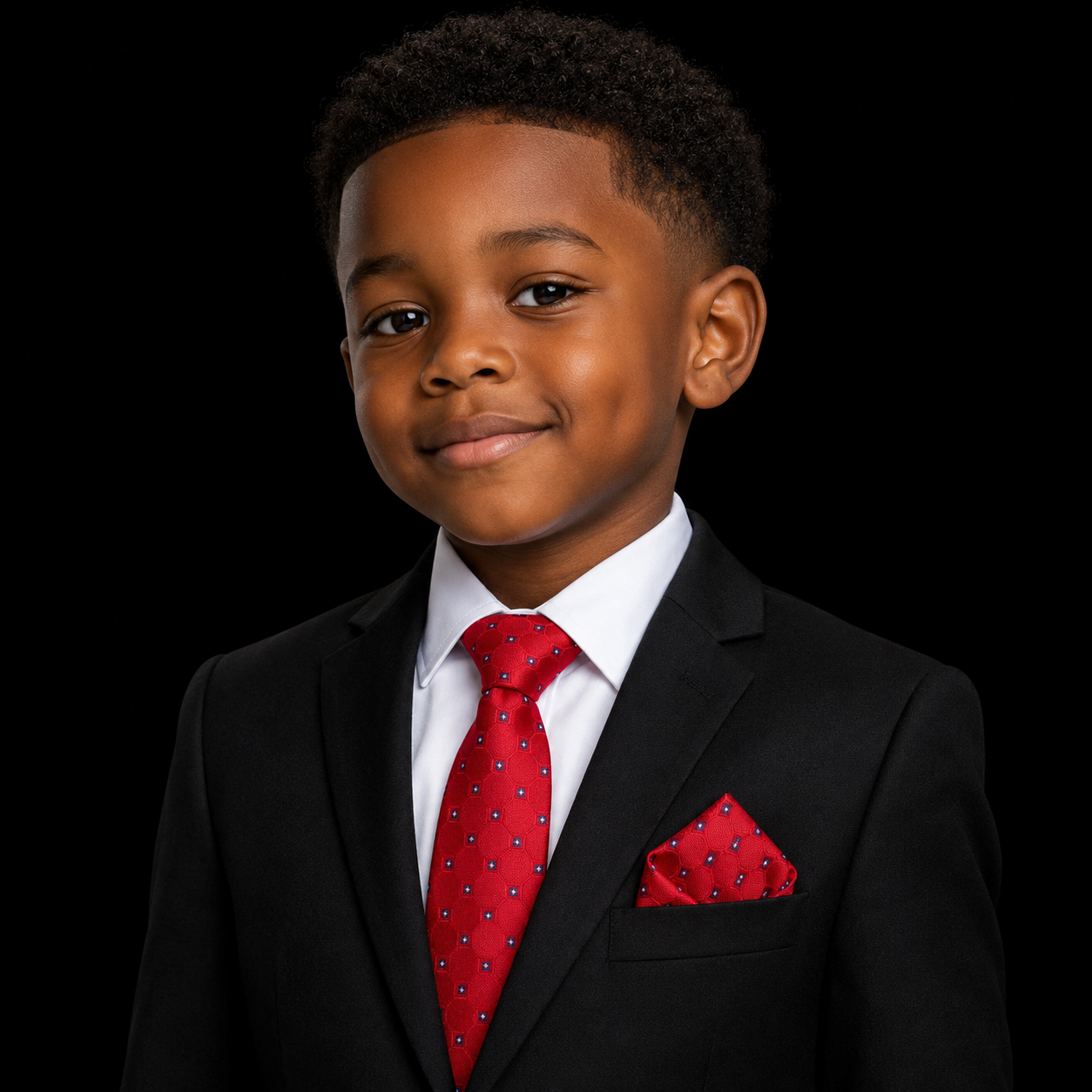 Red Geometric Tie and Square on boy with black suit