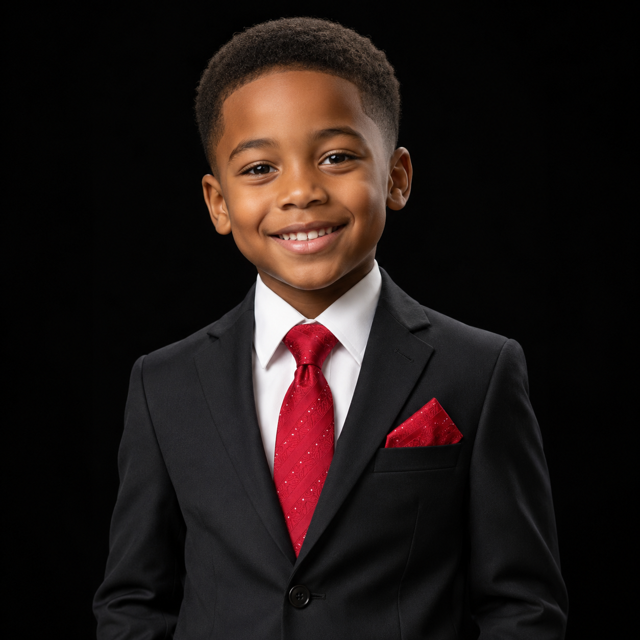 Young boy in a black suit with a red tie and pocket square on a black background
