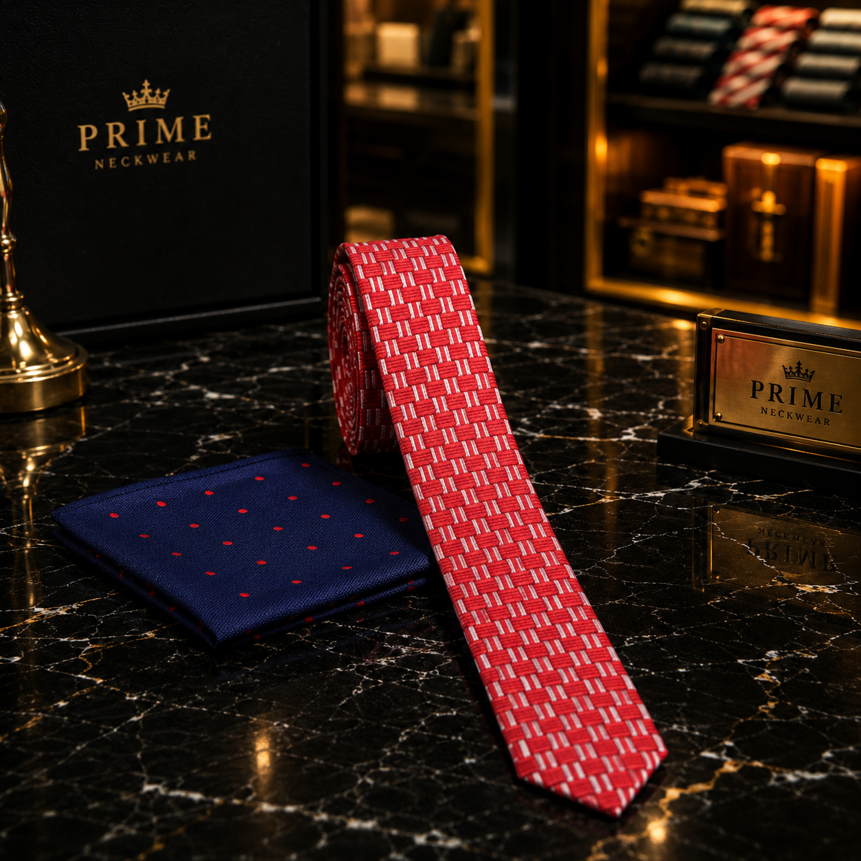 red thin tie and accenting square