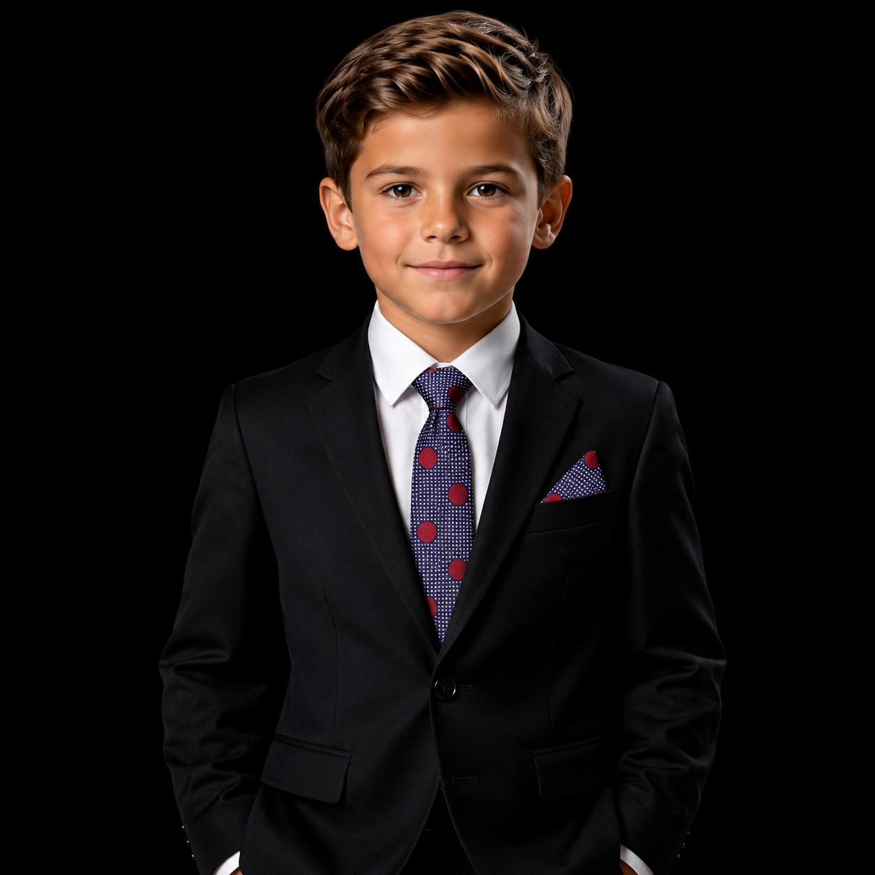 Young boy in a formal black suit with a patterned tie on a black background