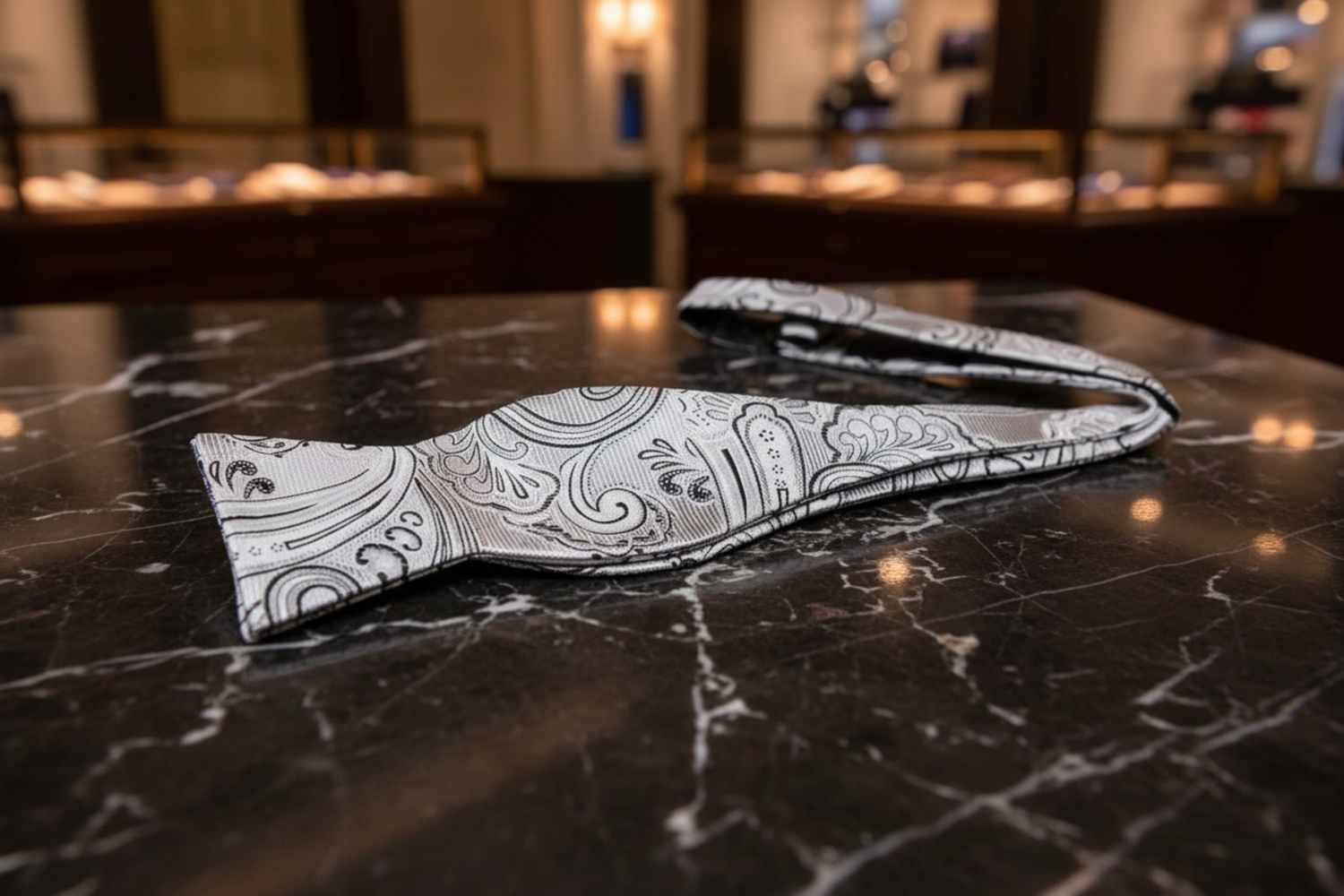 grey black paisley self tie bow tie