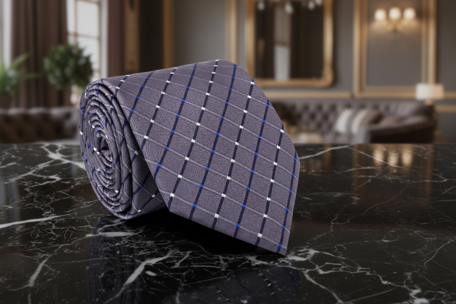 A folded grey necktie with a geometric pattern