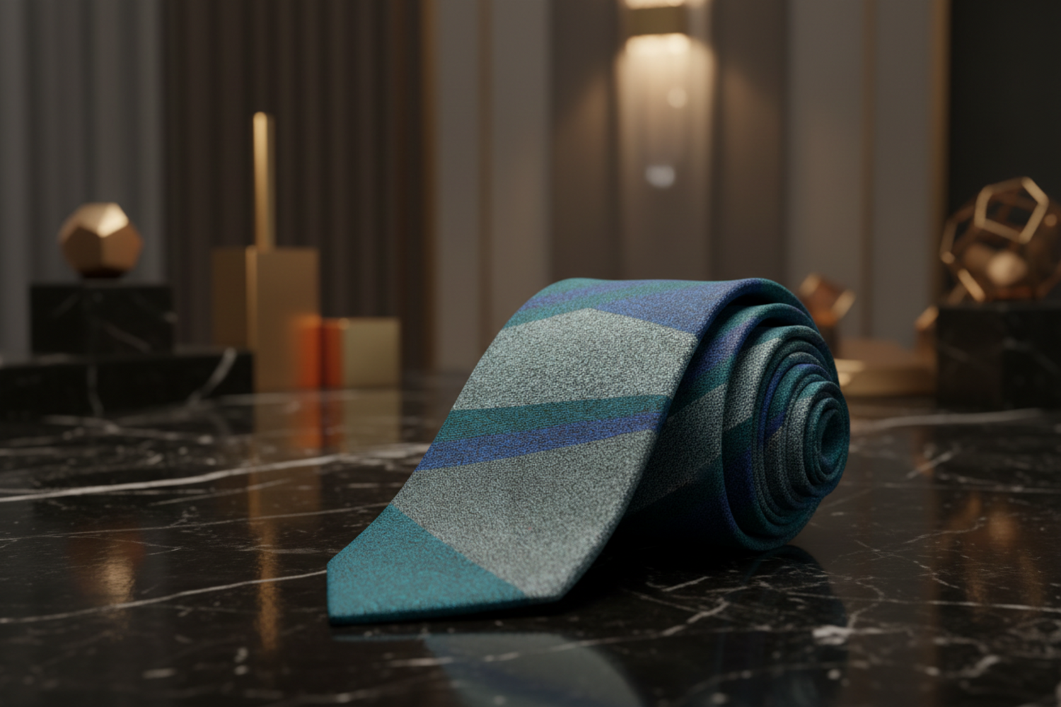 Rolled-up striped tie on a dark marble surface with a blurred background