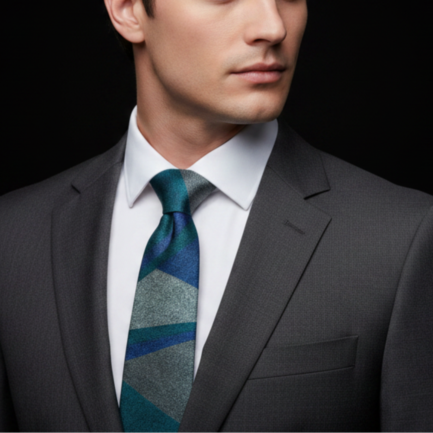 Man wearing a gray suit with a patterned blue tie against a black background