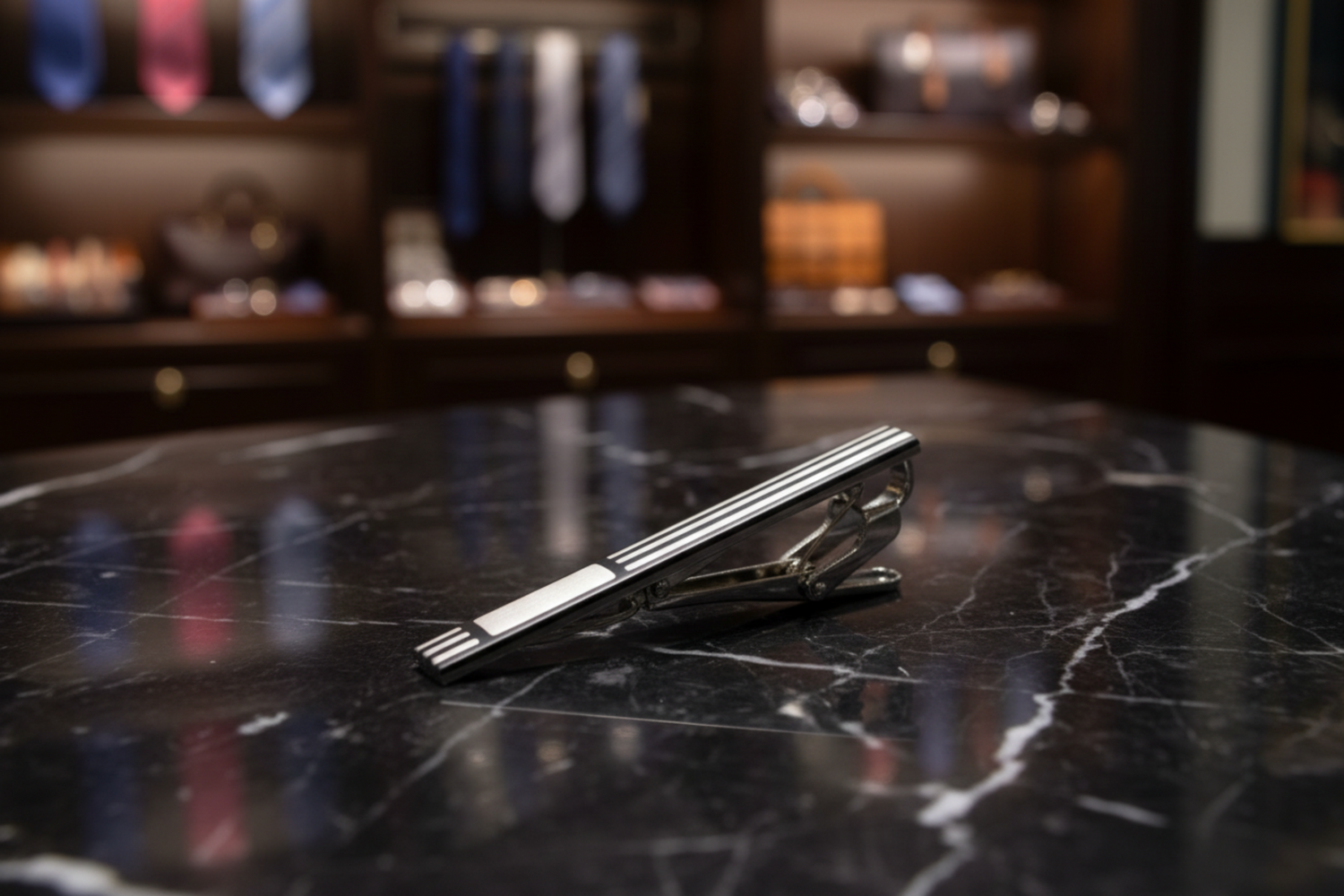 A set of tie bar and cuff-links with a chrome finish and black horizontal lines on a marble surface.