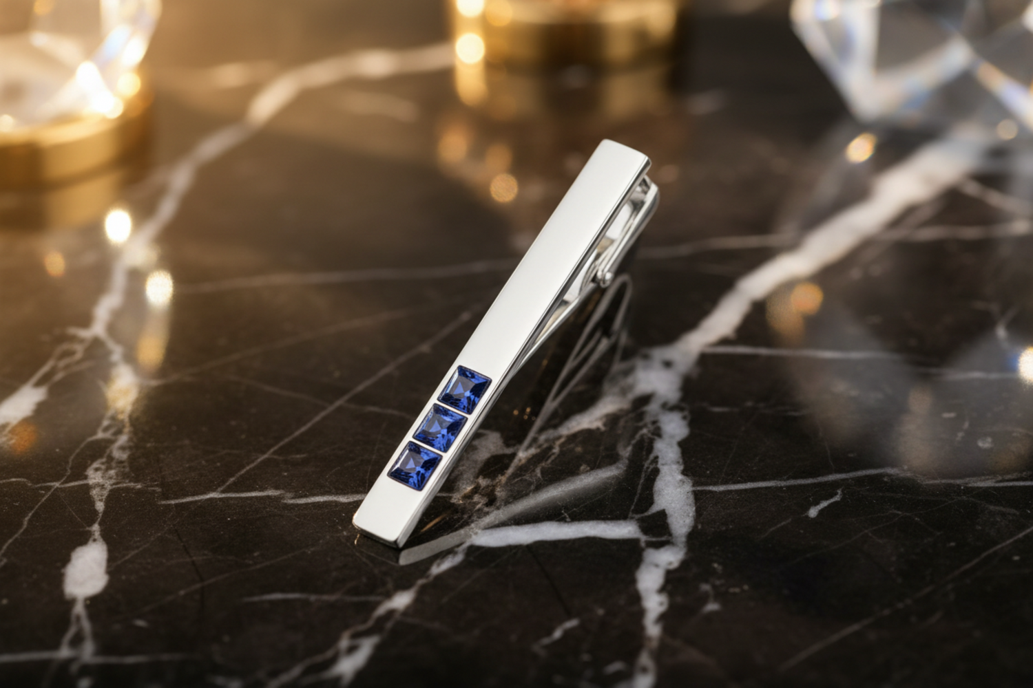 chrome blue stones tie clip