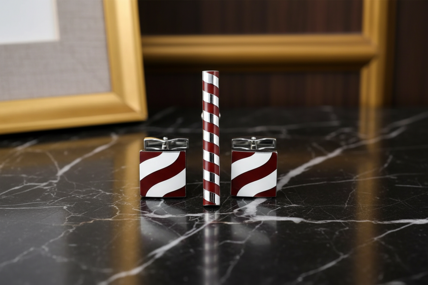 chrome brown stripe tie clip and cufflinks