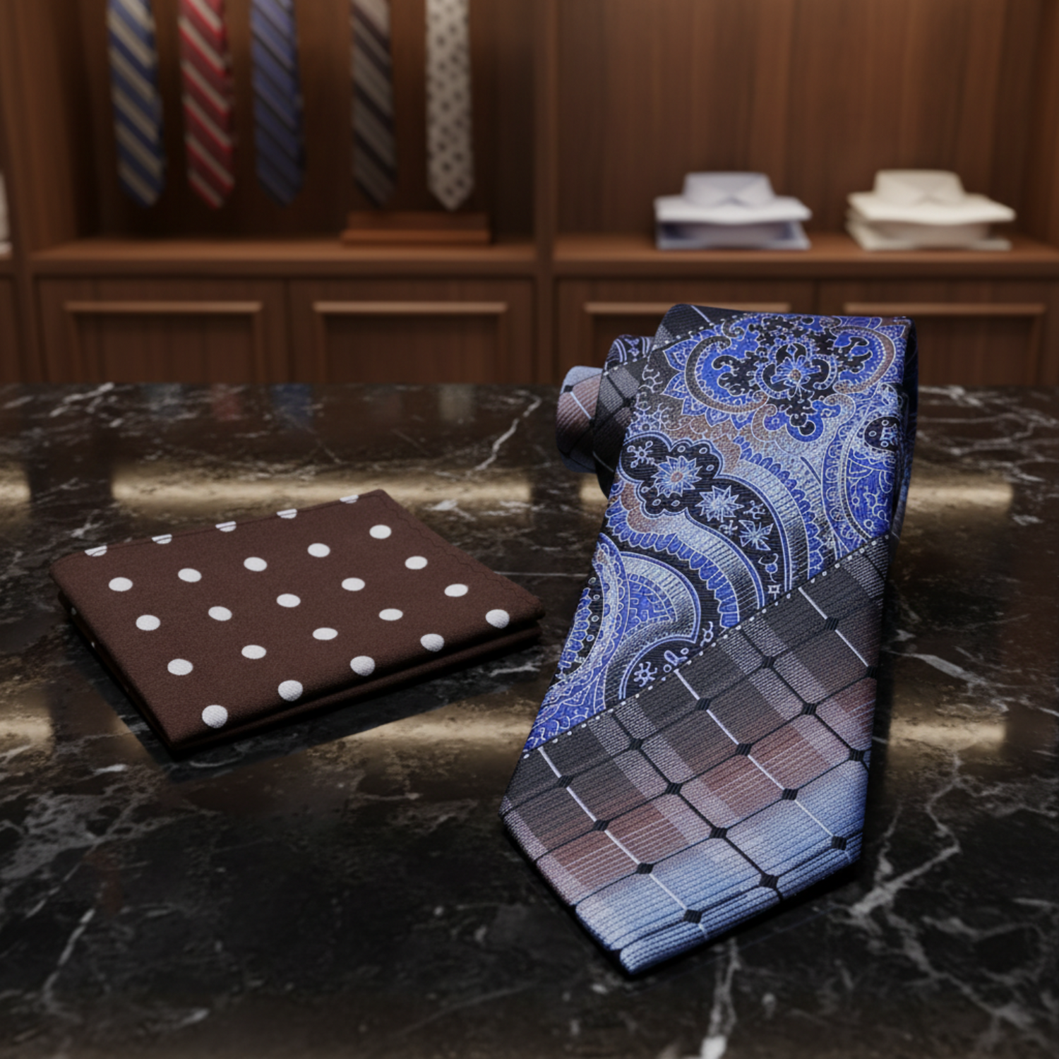 Blue paisley tie and brown polka dot pocket square on a white background