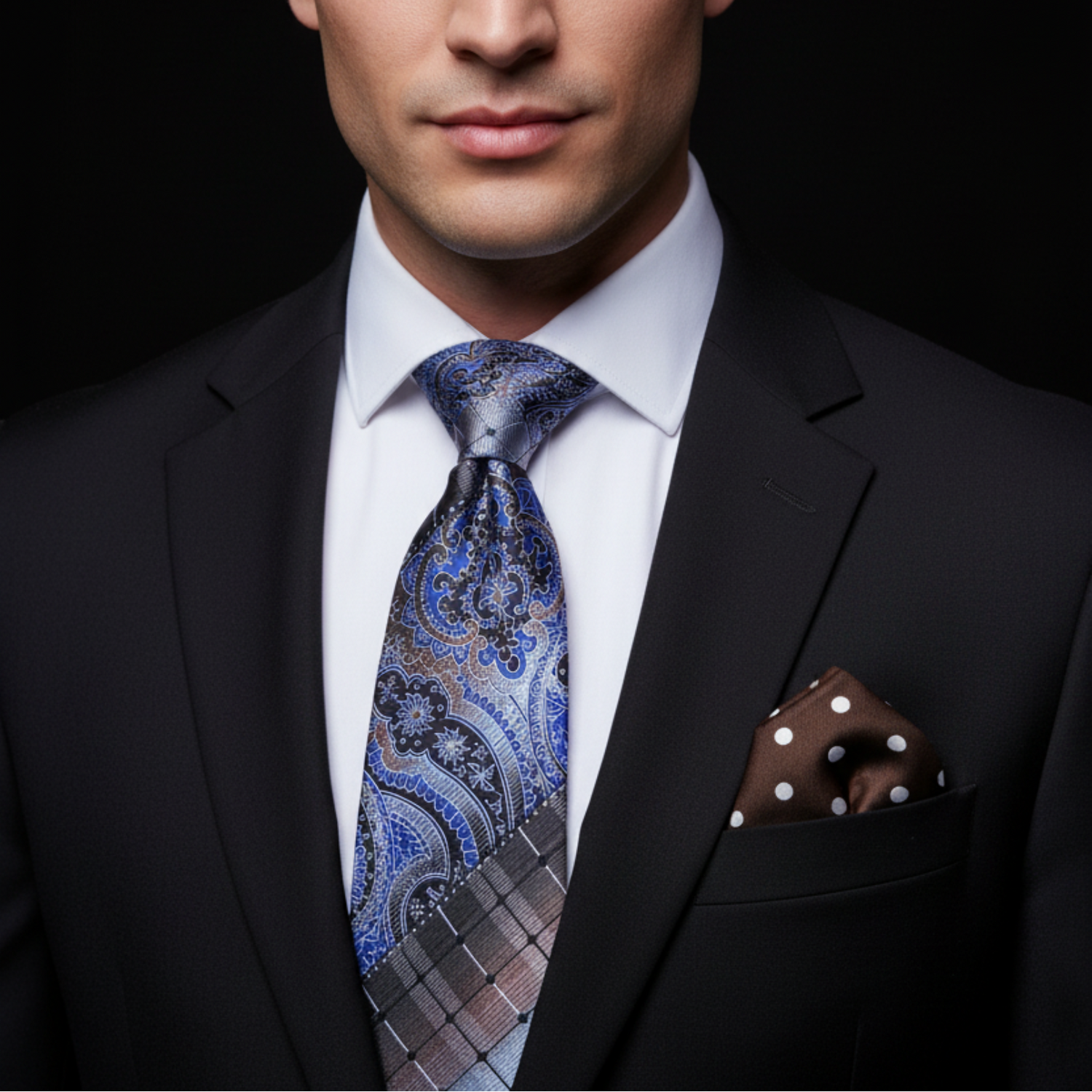 Man wearing a black suit with a patterned blue tie and brown pocket square on a dark background