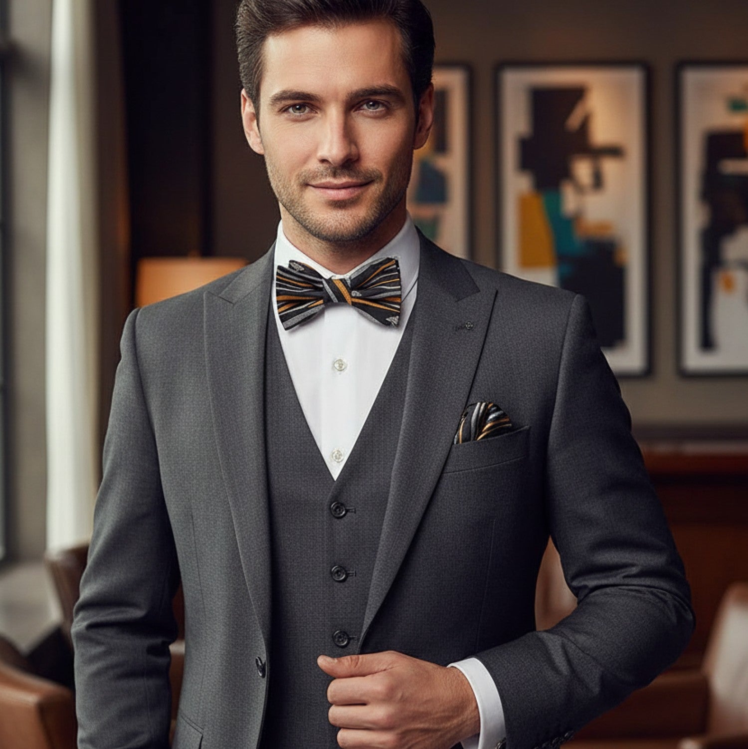 Man wearing a gray suit with a bow tie in an indoor setting