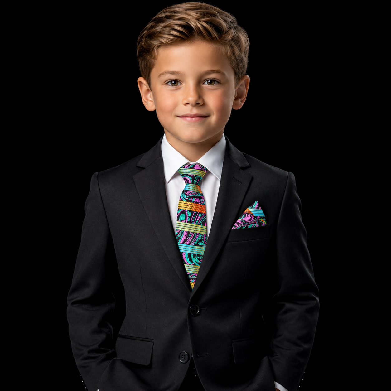 Young boy in a black suit with a colorful tie and pocket square on a black background