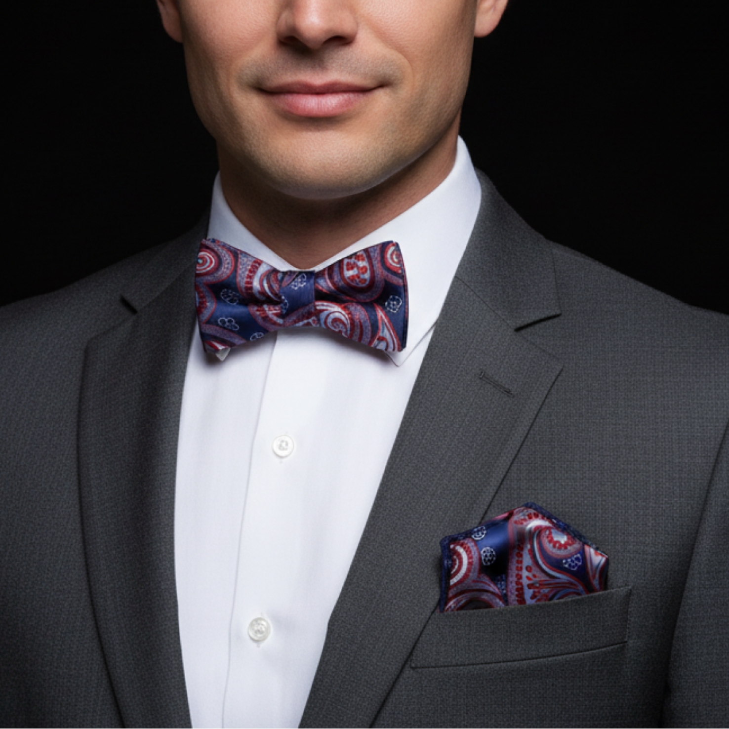 Man wearing a gray suit with a colorful bow tie and pocket square on a black background