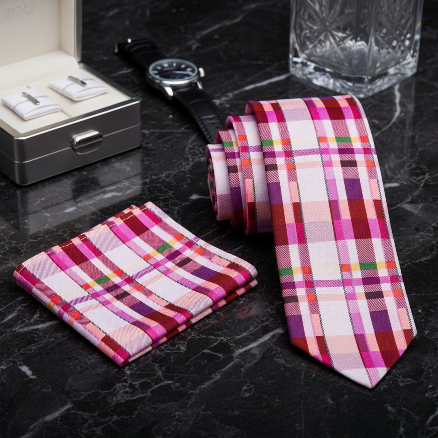 Pink, Purple and Red Geometric Sweet Tie and Square
