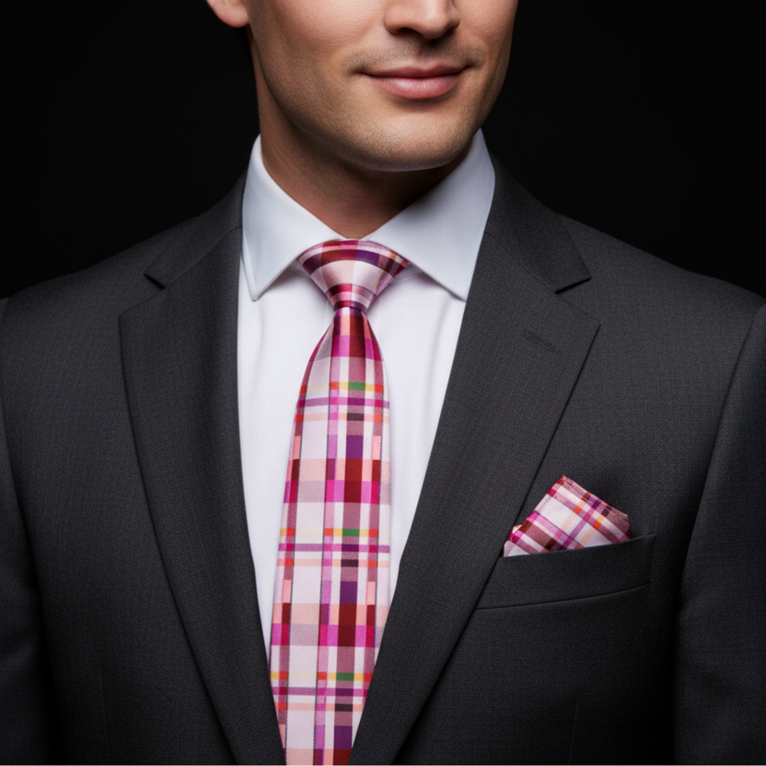 Pink red plaid tie and square on man