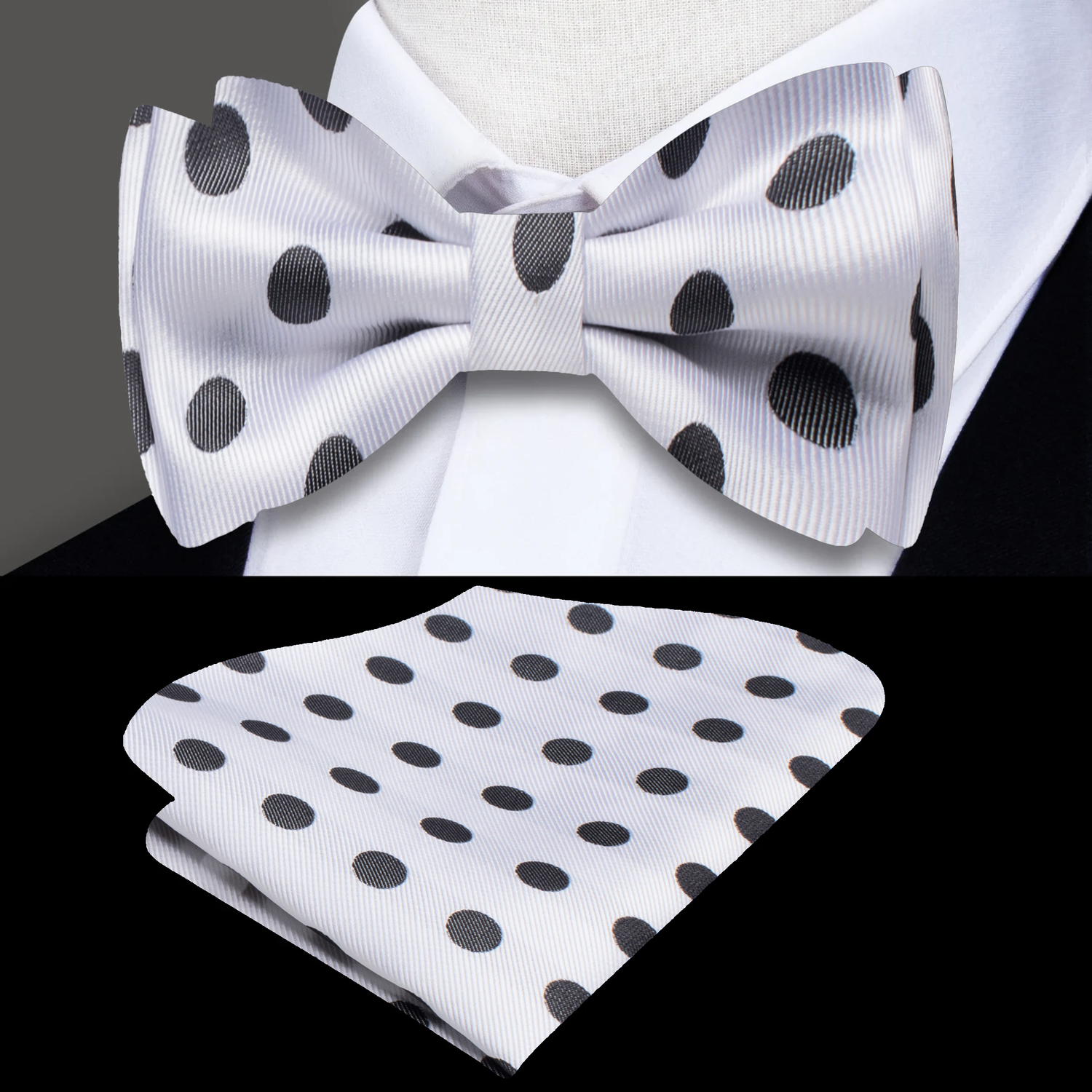 A white bow tie with black dots alongside a matching pocket square, displayed on a white background.