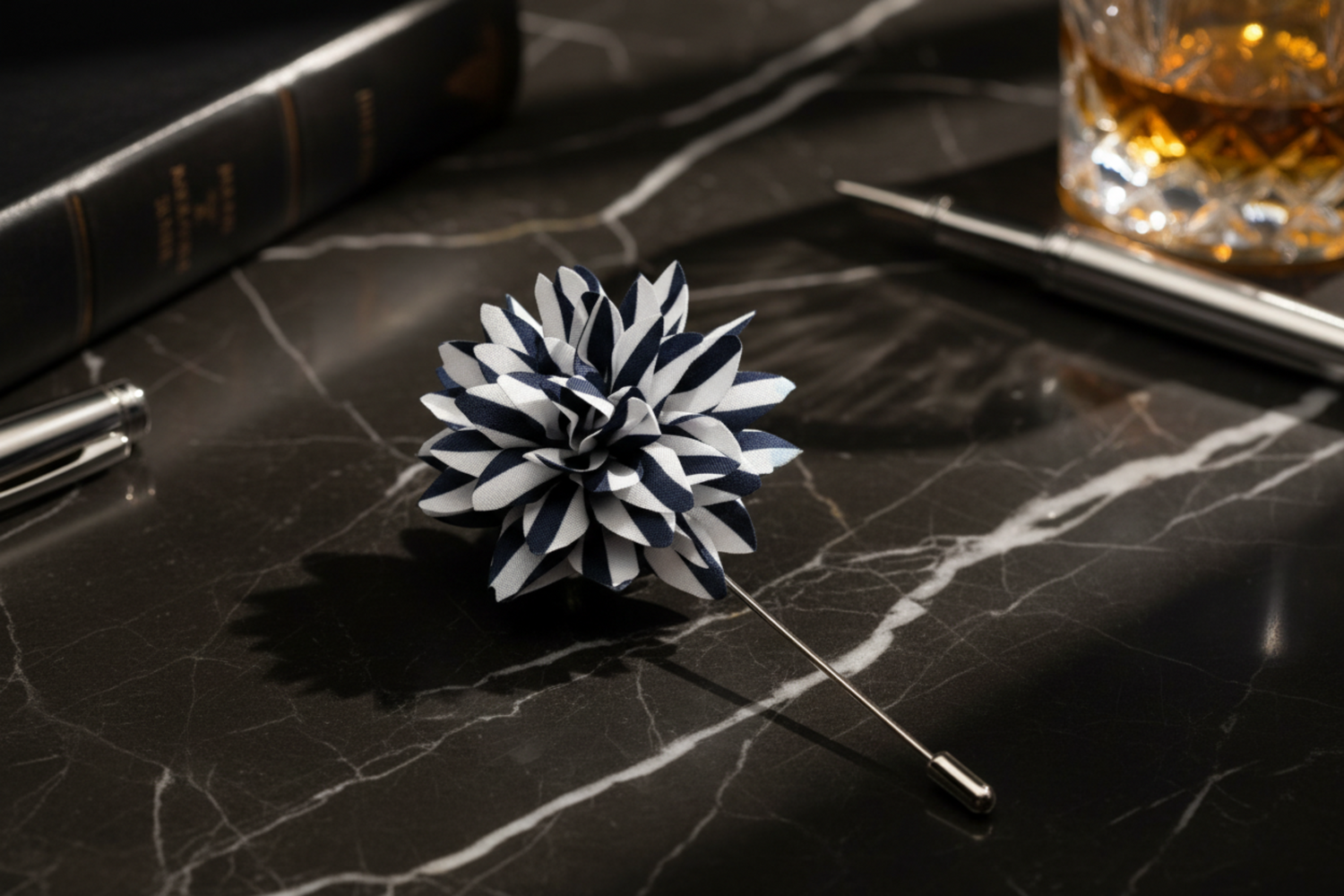 Main A Navy Blue, White Colored Stripe Pattern Lapel Flower||Navy Blue, White