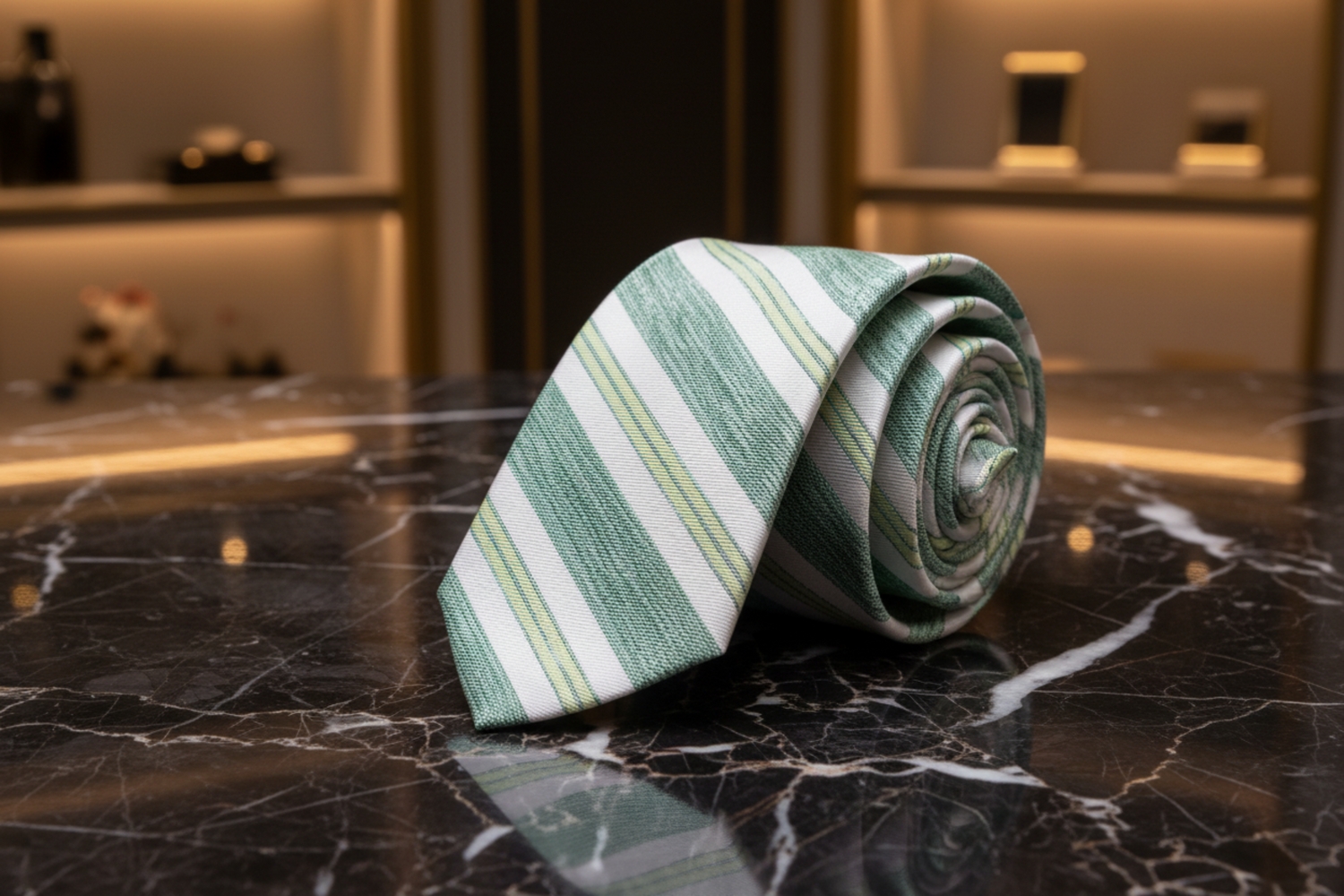 Green and white striped tie on a white background