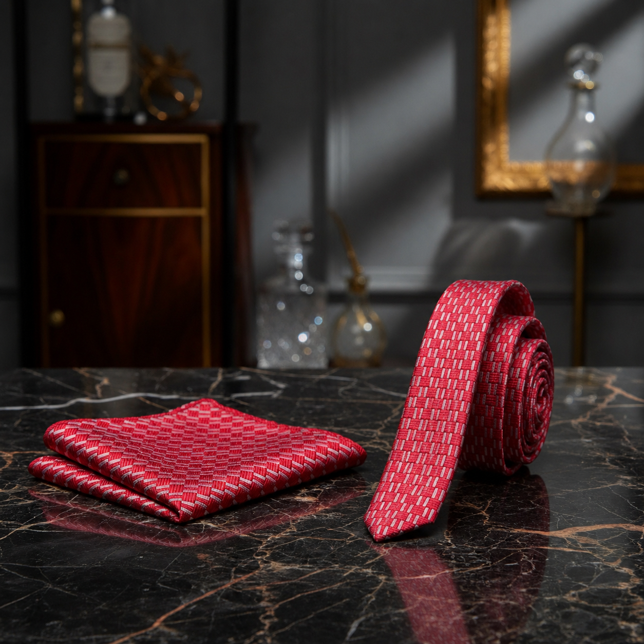 A red patterned necktie and matching pocket square arranged on a dark marble surface, with a softly blurred upscale interior in the background.