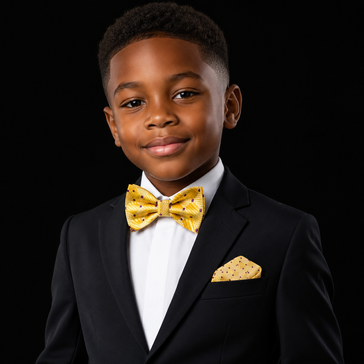 Young boy in a black suit with a yellow bow tie and pocket square on a black background