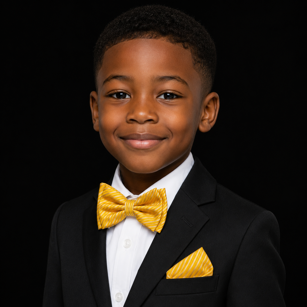 A young boy wearing a black suit jacket, white dress shirt, and a bright yellow patterned bow tie and pocket square, photographed against a solid black background.