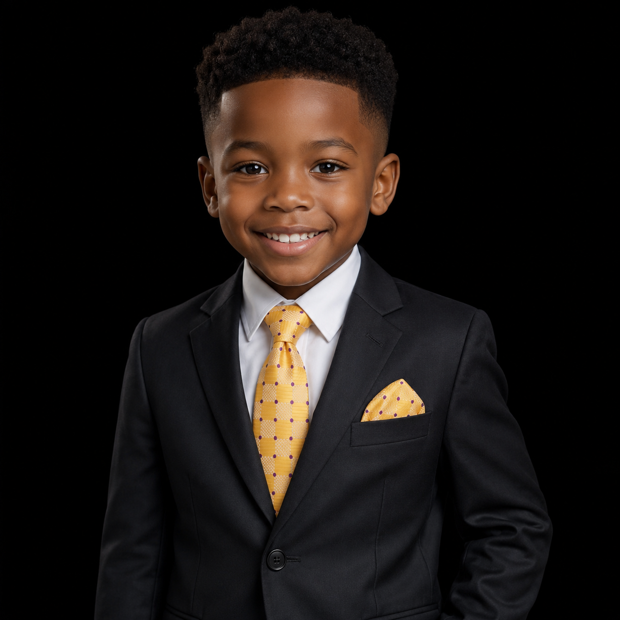 Young boy in a black suit with a yellow tie and pocket square on a black background
