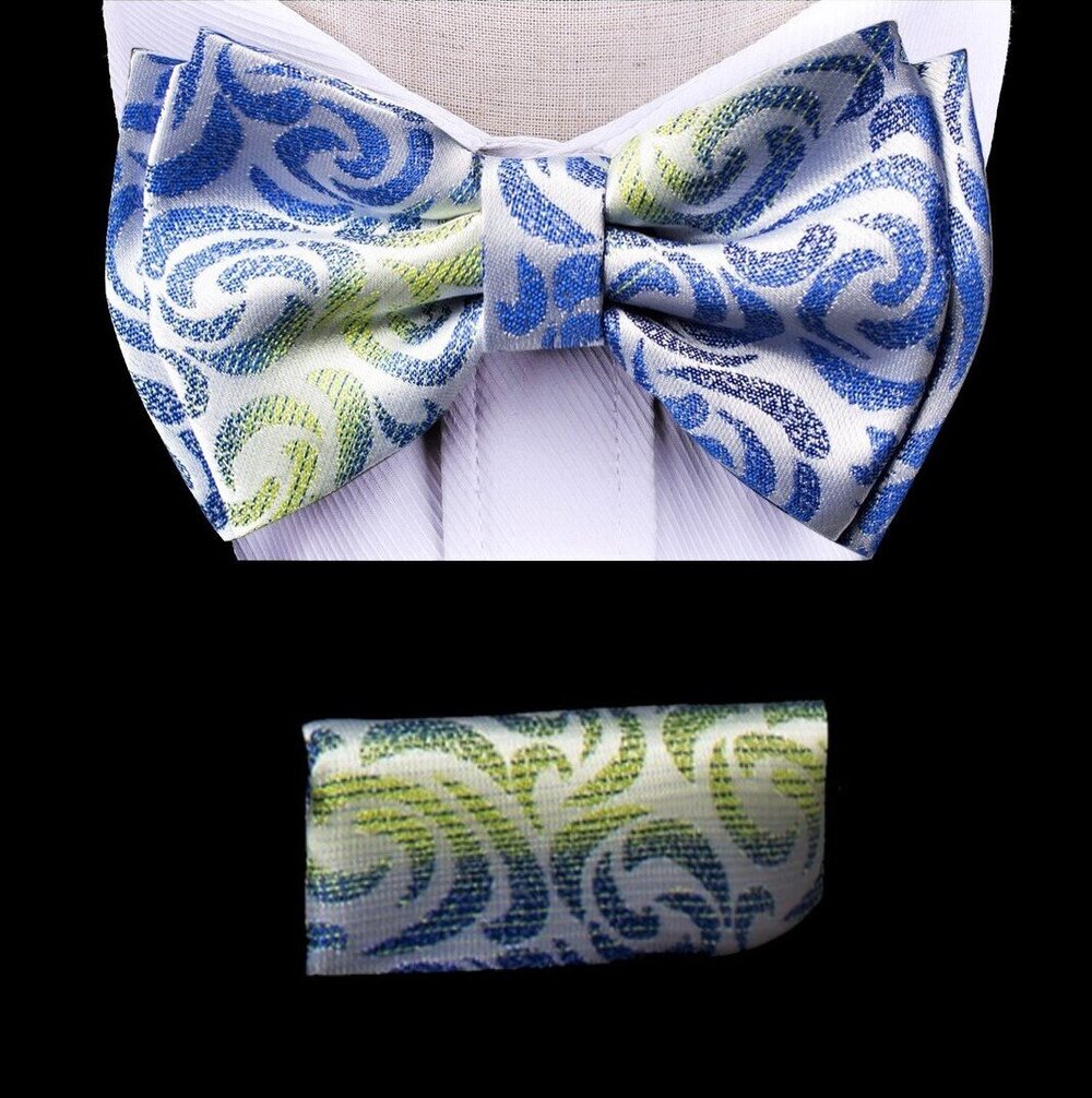 A Green, Blue Color Abstract Swirls Pattern Kids Pre-Tied Bow Tie, Matching Pocket Square 
