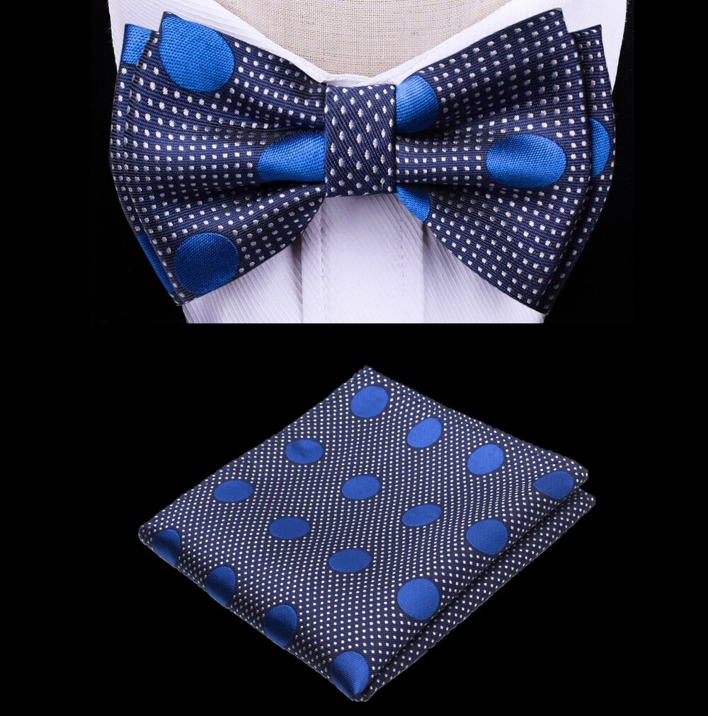 A Dark Blue, Blue Color Polka Dot Pattern Kids Pre-Tied Bow Tie, Matching Pocket Square