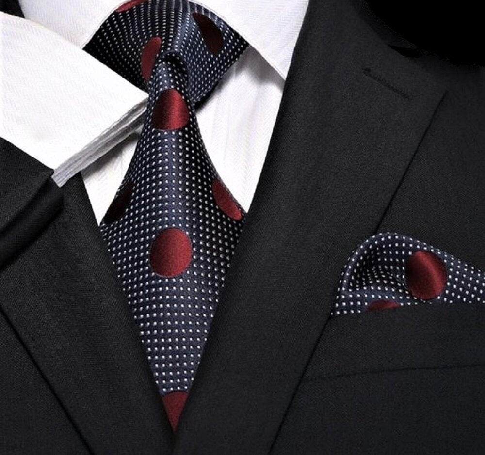 Deep Blue, Burgundy Polka Tie and Pocket Square