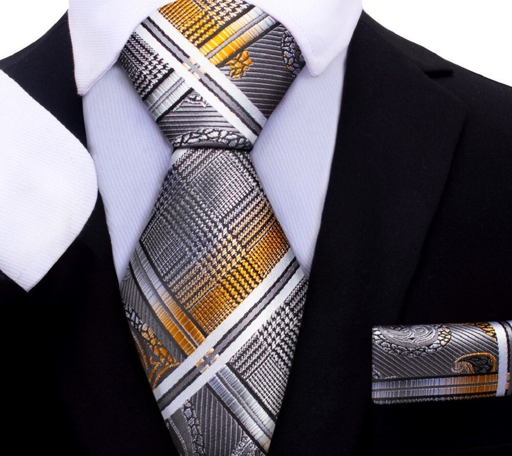 An Orange, Black, White, Grey Paisley Geometric Pattern necktie, Matching Pocket Square