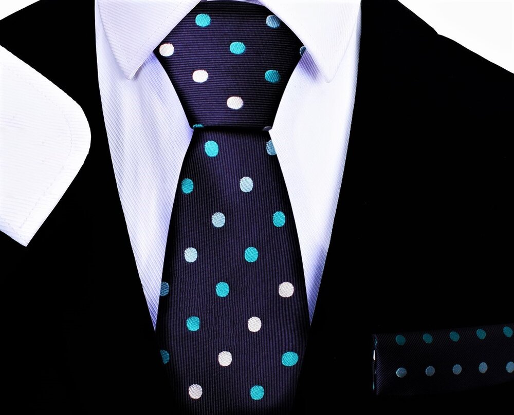 blue necktie with white and light blue dots and square