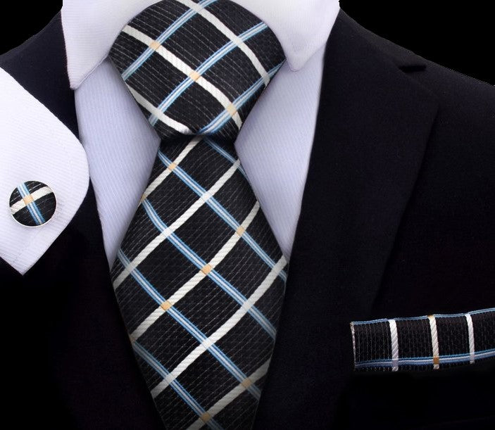 A Black, Cream And Blue With Geometric Diamond Pattern And Small Checks Pattern Necktie With Matching Pocket Square and Cuff-links||Black, Cream, Blue