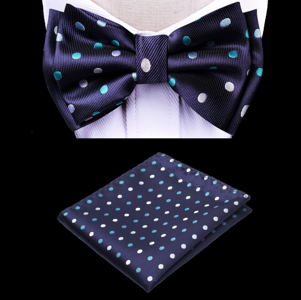 Dark Blue, Light Blue, White Dots Bow Tie and Pocket Square