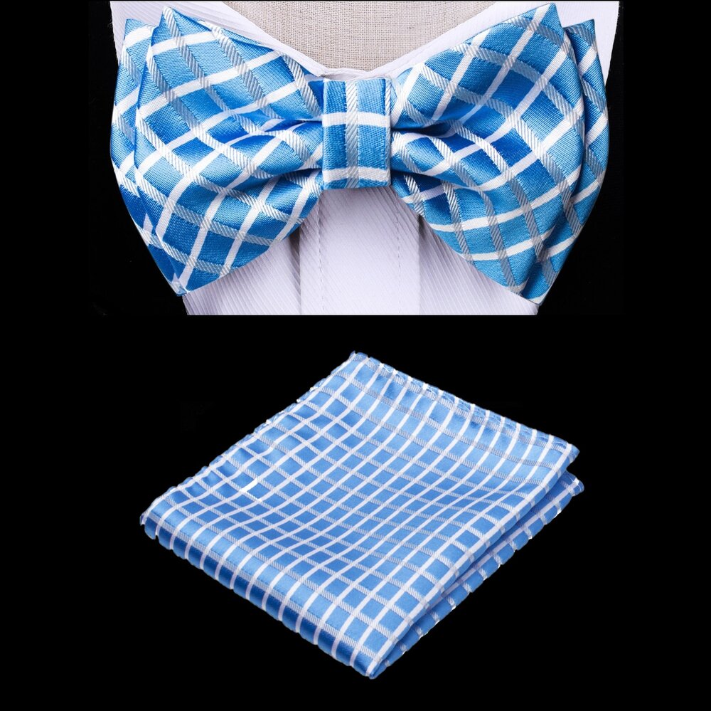 A Blue, White Color Geometric Check Pattern Kids Pre-Tied Bow Tie, Matching Pocket Square 
