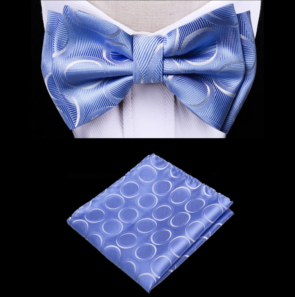 A Blue, White Color Ring Pattern Kids Pre-Tied Bow Tie, Matching Pocket Square 