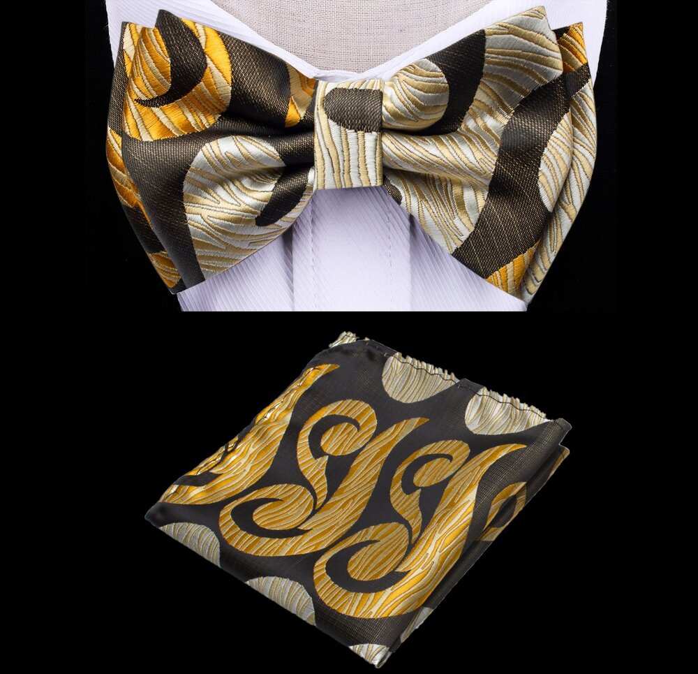 A Brown, Yellow, Brown Color Abstract Swirl Pattern Kids Pre-Tied Bow Tie, Matching Pocket Square