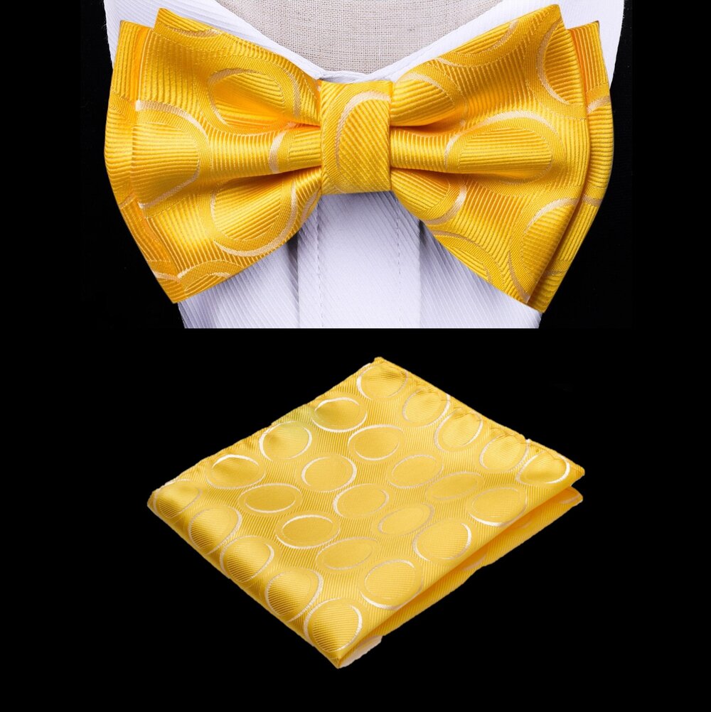 A Yellow, white Color With Abstract Rings Pattern Kids Pre-Tied Bow Tie, Matching Pocket Square