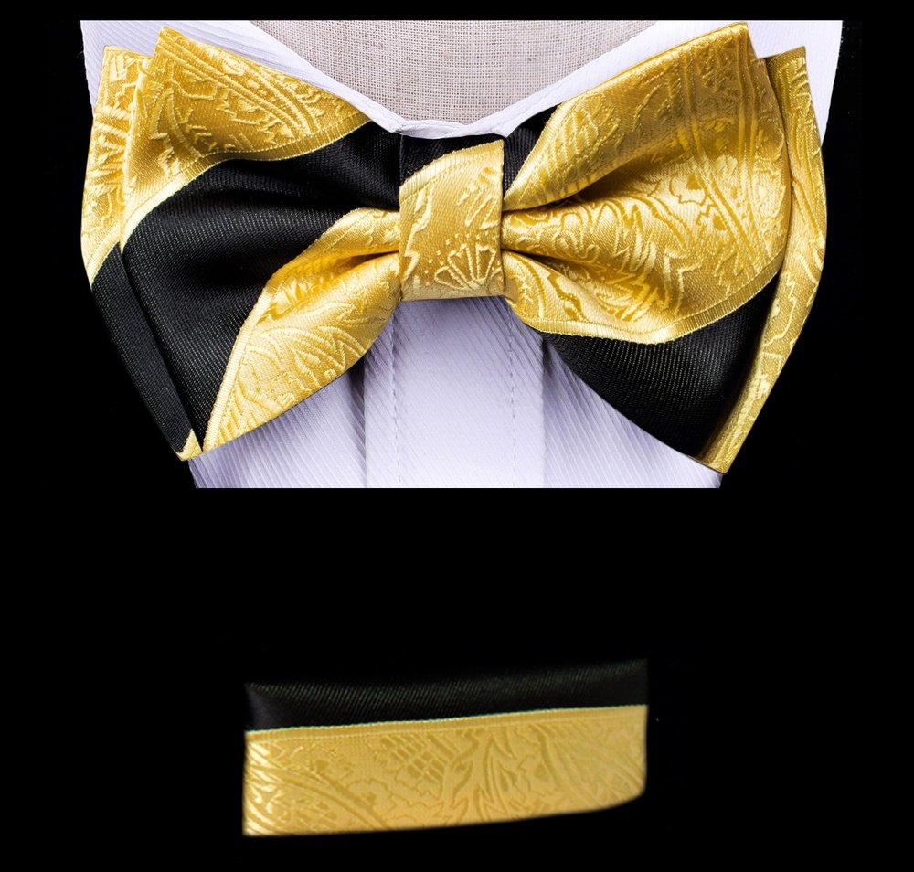 A Gold, Black Color With Stripe and Paisley Pattern Kids Pre Tied Bow Tie, Matching Pocket Square 