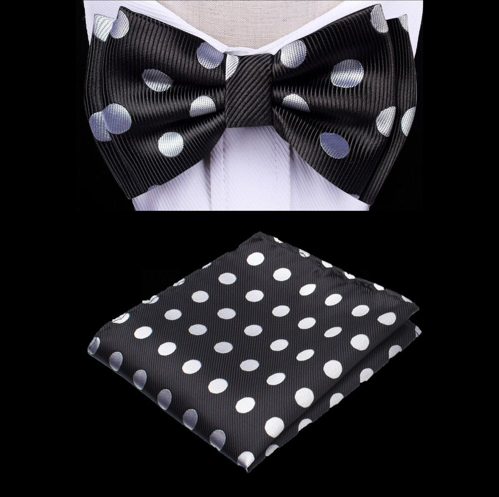 A Black, Light Grey Color With Polka Pattern Kids Pre-Tied Bow Tie, Matching Pocket Square 