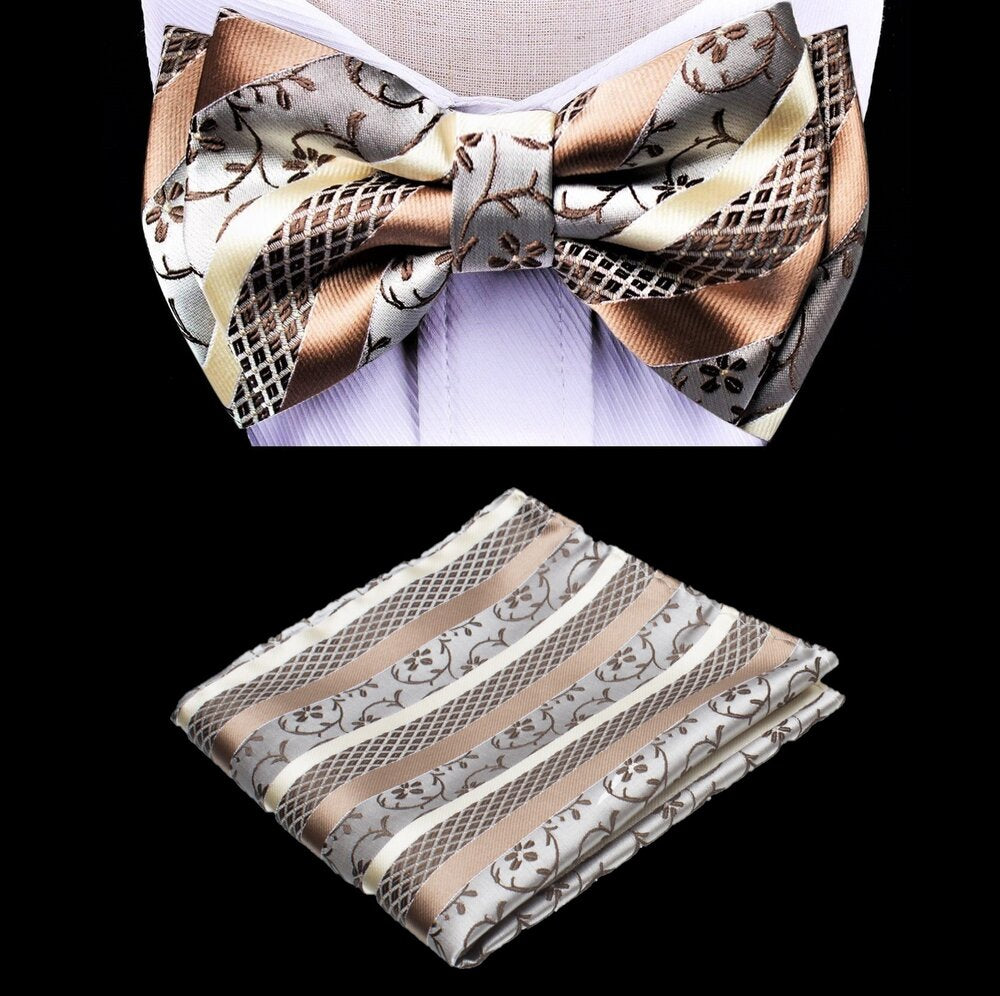 Brown, Tan, Cream Vine Bow Tie And Square