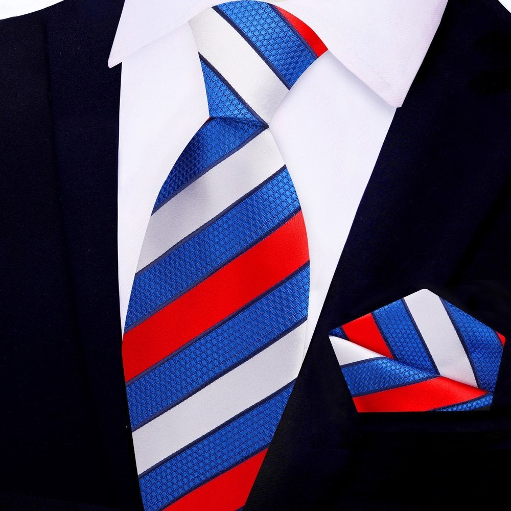 Red, White, Blue Block Stripe Tie and Square