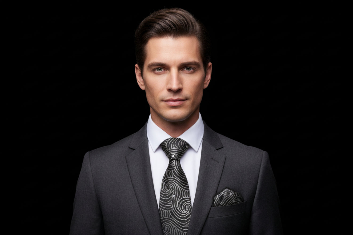 A Grey, Black Abstract Swirl Pattern Silk Necktie, Matching Pocket Square