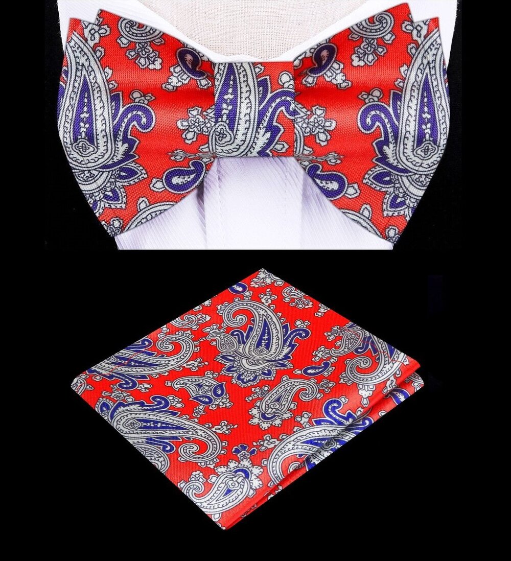 A Red, Blue Paisley Pattern Self Tie Bow Tie, Matching Pocket Square||Red, Blue, Off White
