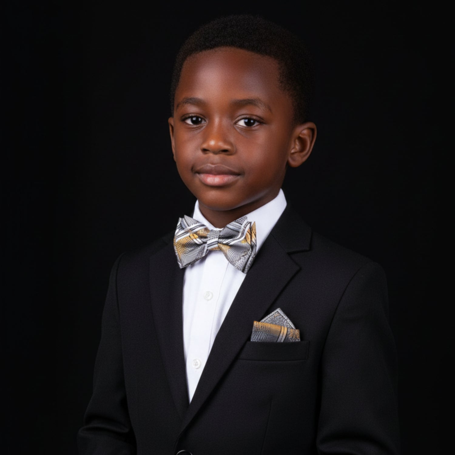 A Black, Grey, Orange Color Paisley Pattern Kids Pre-Tied Bow Tie, Matching Pocket Square 