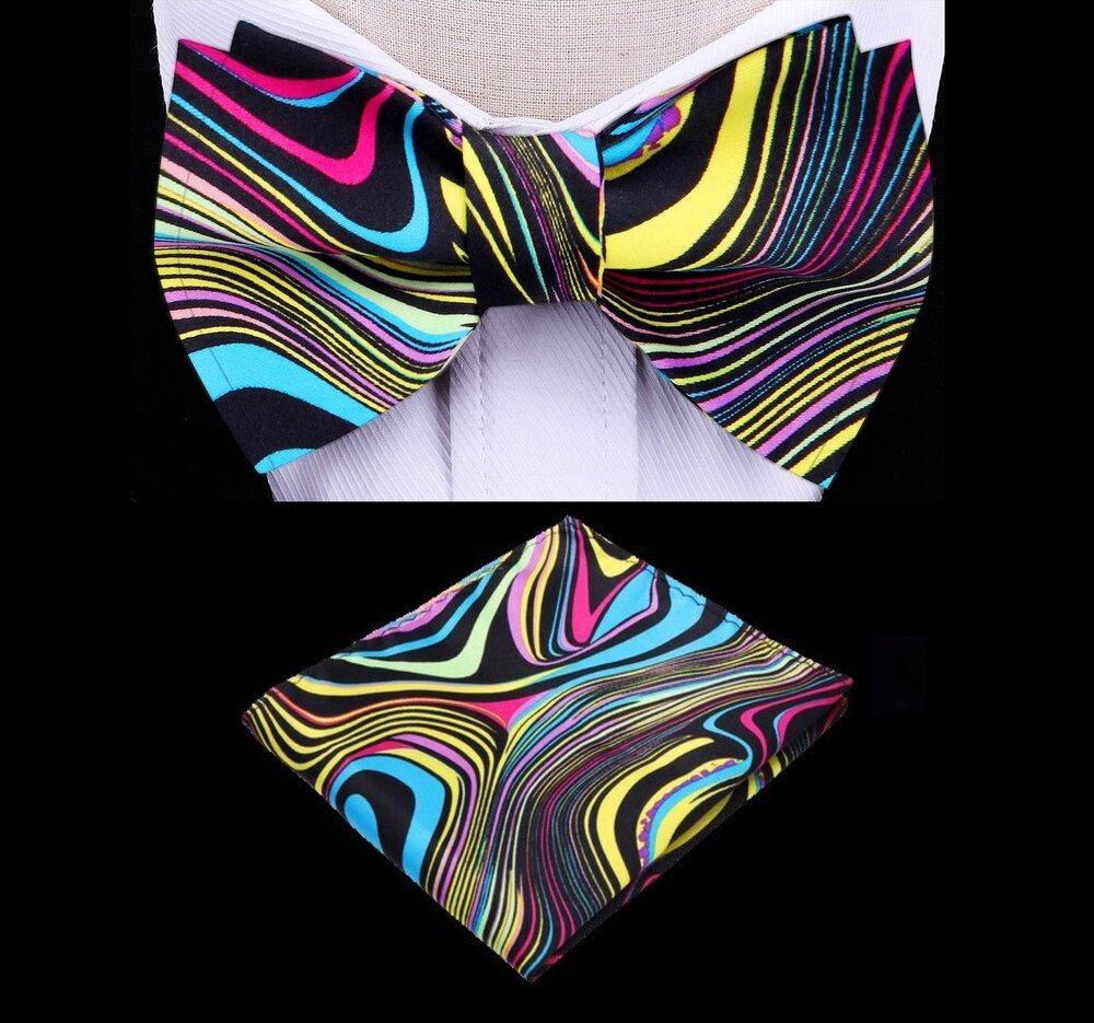 A Yellow, White, Light Blue, Pink, Black Color With Abstract Swirl Pattern  Kids Pre-Tied Bow Tie, Matching Pocket Square