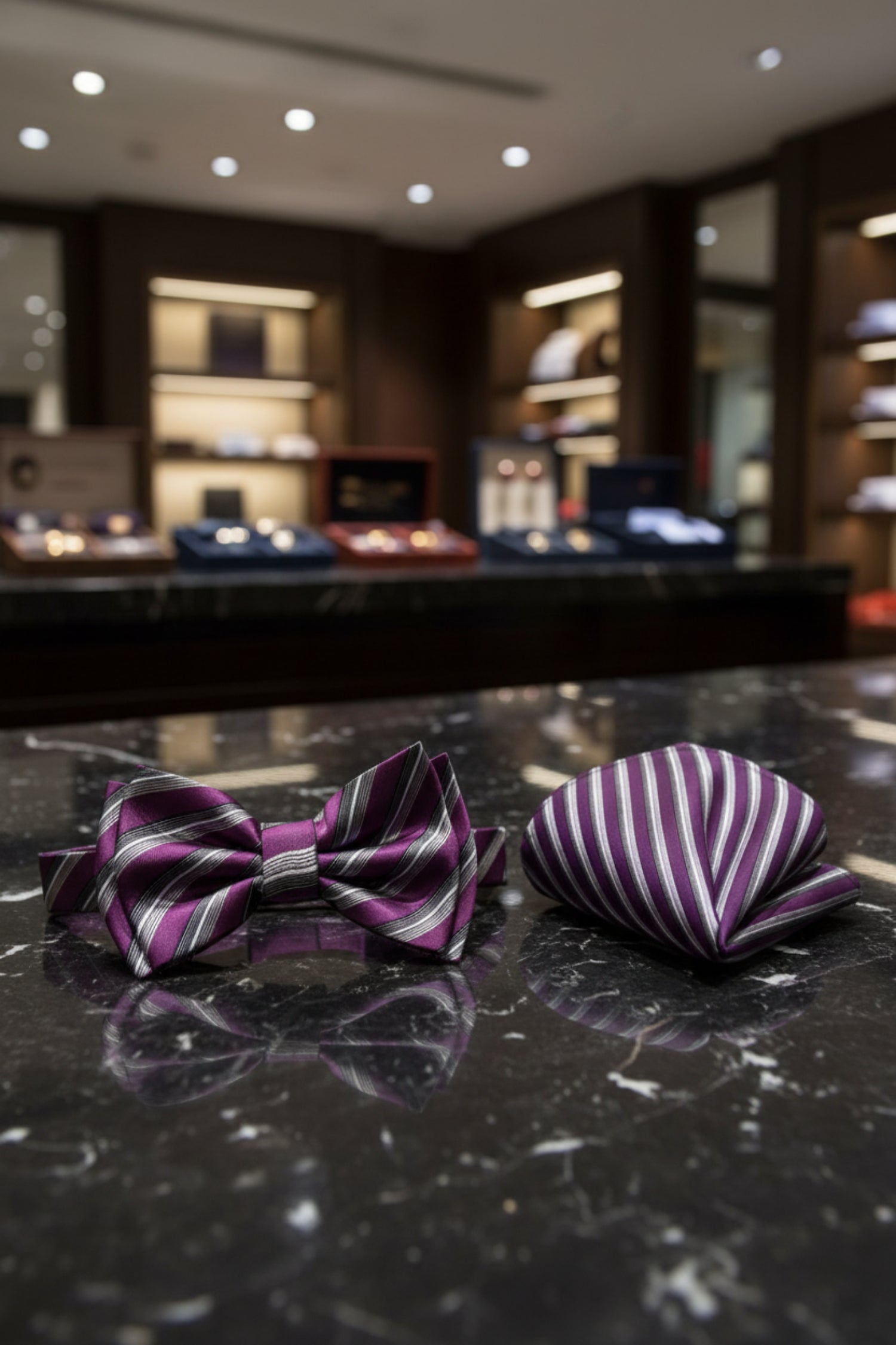 A Purple, Grey Color With Stripe Pattern  Kids Pre-Tied Bow Tie, Matching Pocket Square 