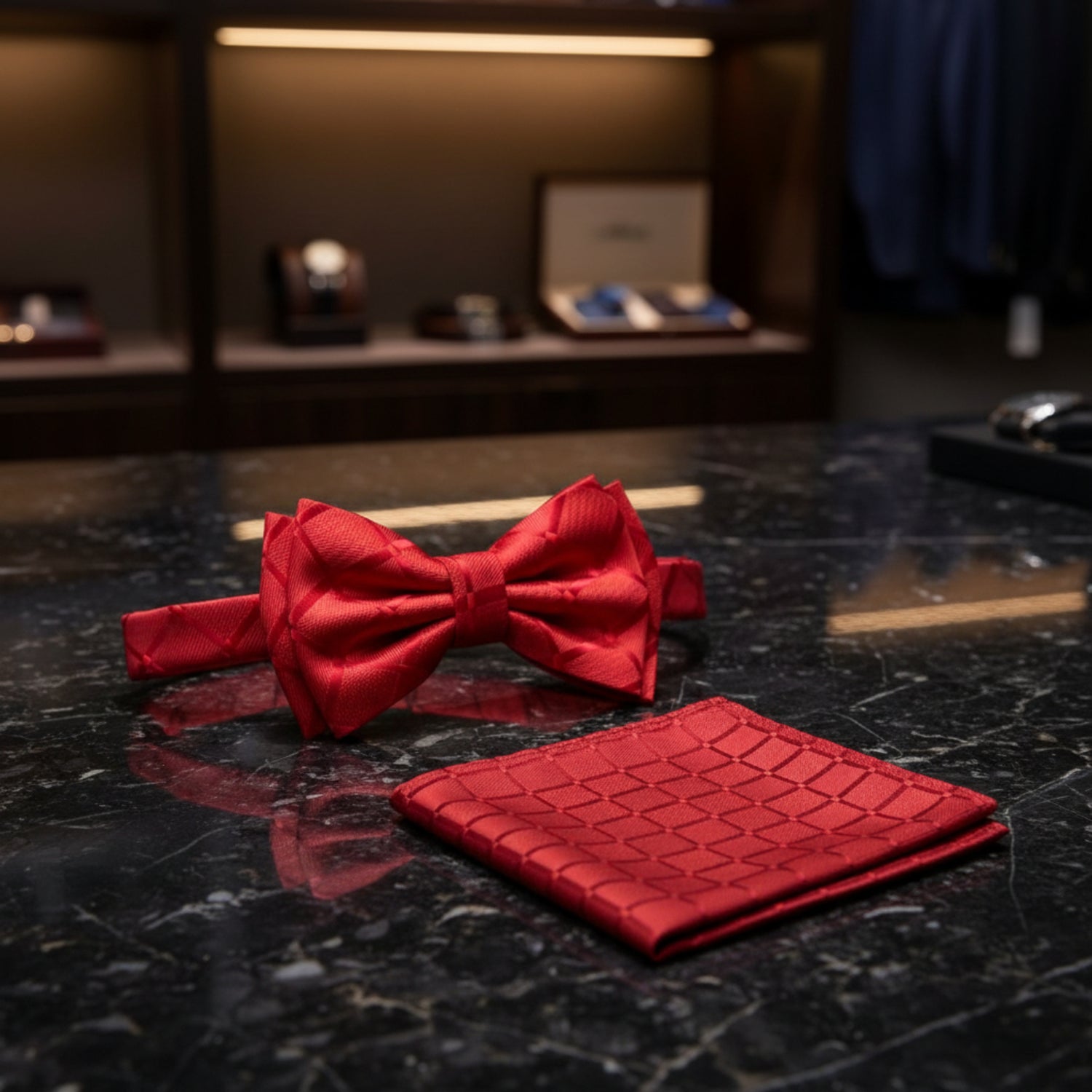 Solid Red with Geometric Texture Bow Tie and Pocket Square
