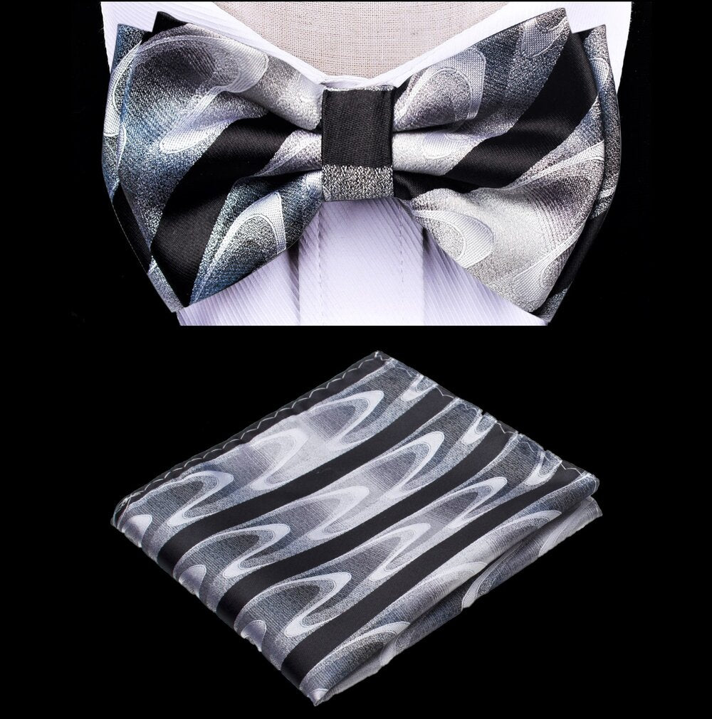 A Black, Grey Color Abstract Swirl with Stripe Pattern Kids Pre-Tied Bow Tie and Pocket Square