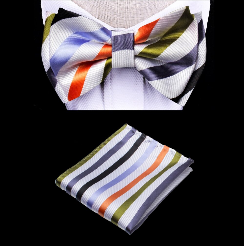 A White, Orange, Olive, Black Color With Geometric Diamond Pattern Kids Pre-Tied Bow Tie, Matching Pocket Square 