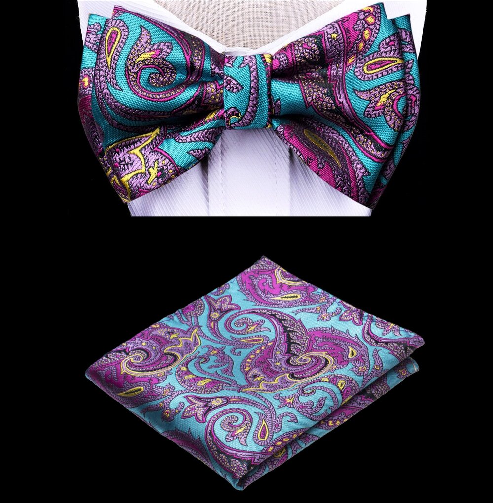 A Light Teal, Pink Yellow Color Intricate Paisley Pattern Kids Pre-Tied Bow Tie, Matching Pocket Square