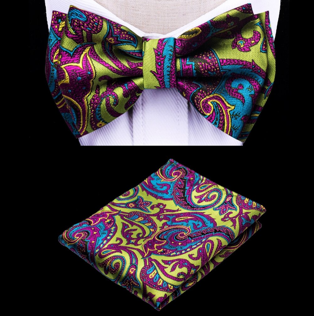 A Lime Green, Pink Color With Detailed Paisley Pattern Kids Pre-Tied Bow Tie, Matching Pocket Square
